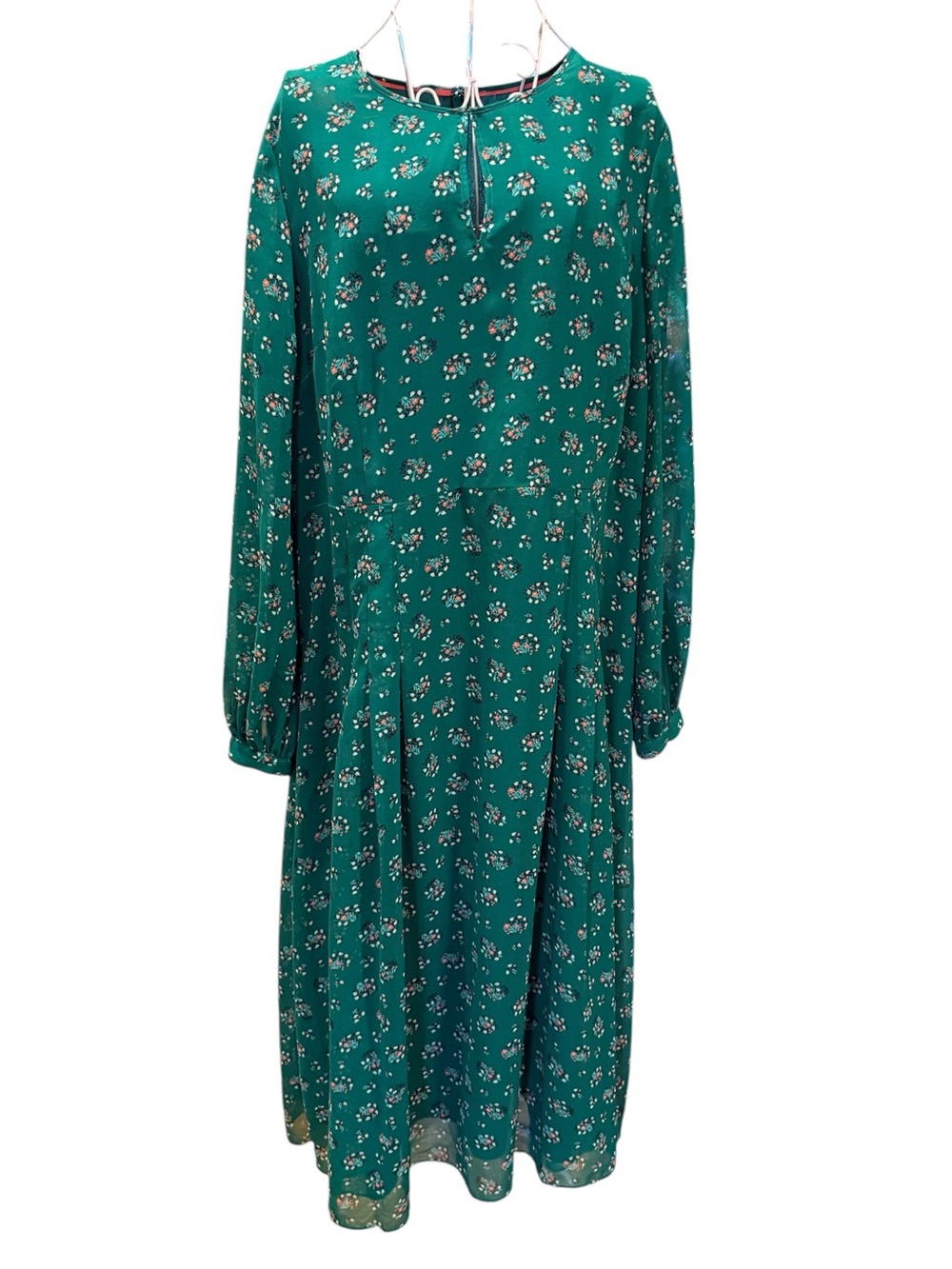 Boden Green Floral Long Sleeve Midi Dress Keyhole Neck Lined Plus Size 16